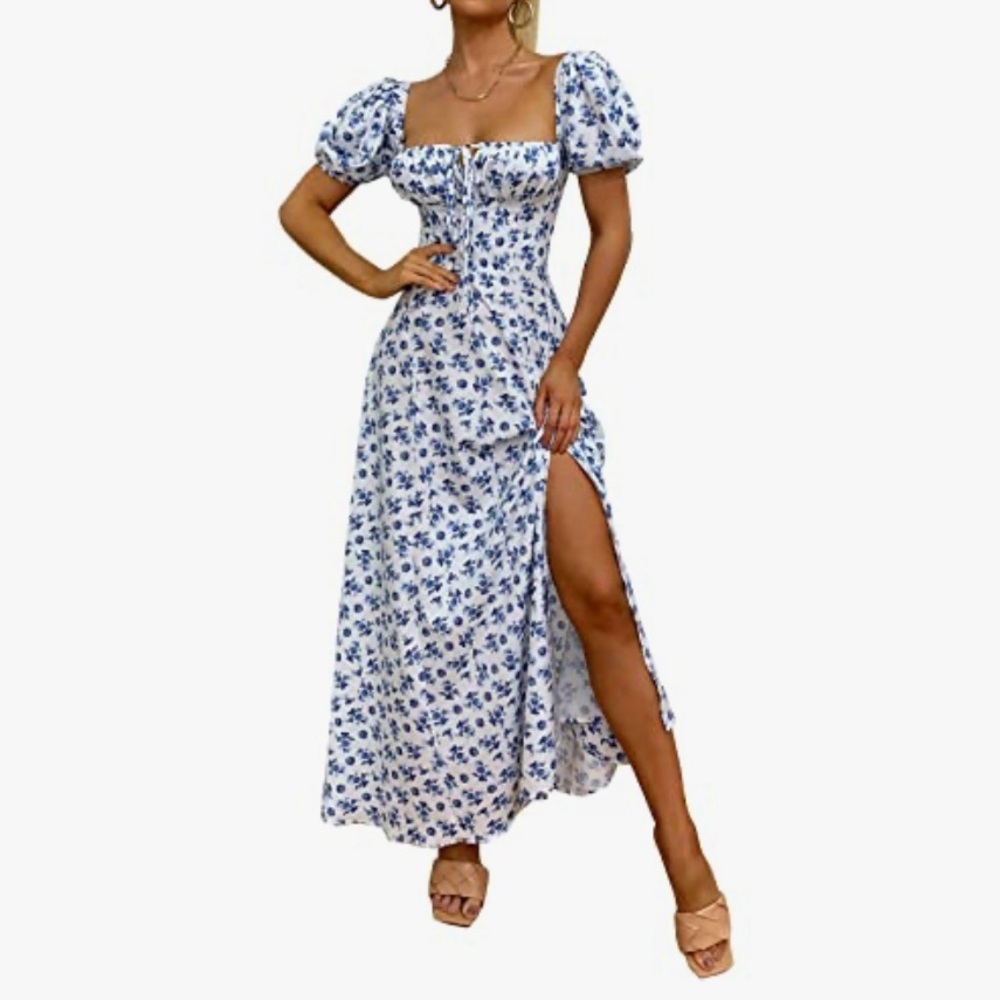 NWT/Women's Puff Sleeve/Floral Split Maxi/Flowy A Line Casual Dress/Size: XL - Picture 9 of 15